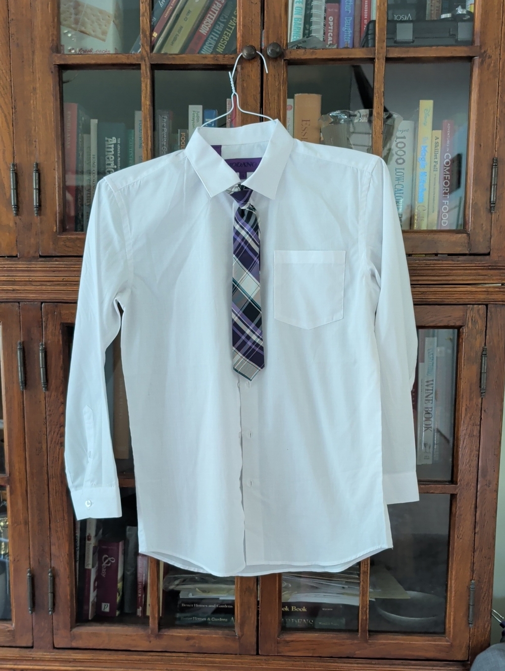 Classic White Boy's Dress Shirt with Purple Plaid Tie